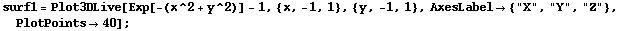 surf1 = Plot3DLive[Exp[-(x^2 + y^2)] - 1, {x, -1, 1}, {y, -1, 1}, AxesLabel {"X", "Y", "Z"}, PlotPoints40] ;