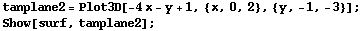 tanplane2 = Plot3D[-4x - y + 1, {x, 0, 2}, {y, -1, -3}] ; Show[surf, tanplane2] ; 