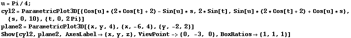u = Pi/4 ; cyl2 = ParametricPlot3D[{Cos[u] * (2 * Cos[t] + 2) - Sin[u] * s, 2 * Sin[t], Sin[u] ... yl2, plane2, AxesLabel {x, y, z}, ViewPoint-> {0, -3, 0}, BoxRatios {1, 1, 1}] 