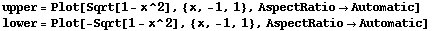 upper = Plot[Sqrt[1 - x^2], {x, -1, 1}, AspectRatioAutomatic] lower = Plot[-Sqrt[1 - x^2], {x, -1, 1}, AspectRatioAutomatic] 