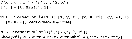 F[x_, y_, z_] = {z^3, y^2, x} ; f[t_] = {t, Sin[t], 1} ;  vf1 = PlotVectorField3D[F[x, ...  Show[vf1, c1, AxesTrue, AxesLabel {"X", "Y", "Z"}] 